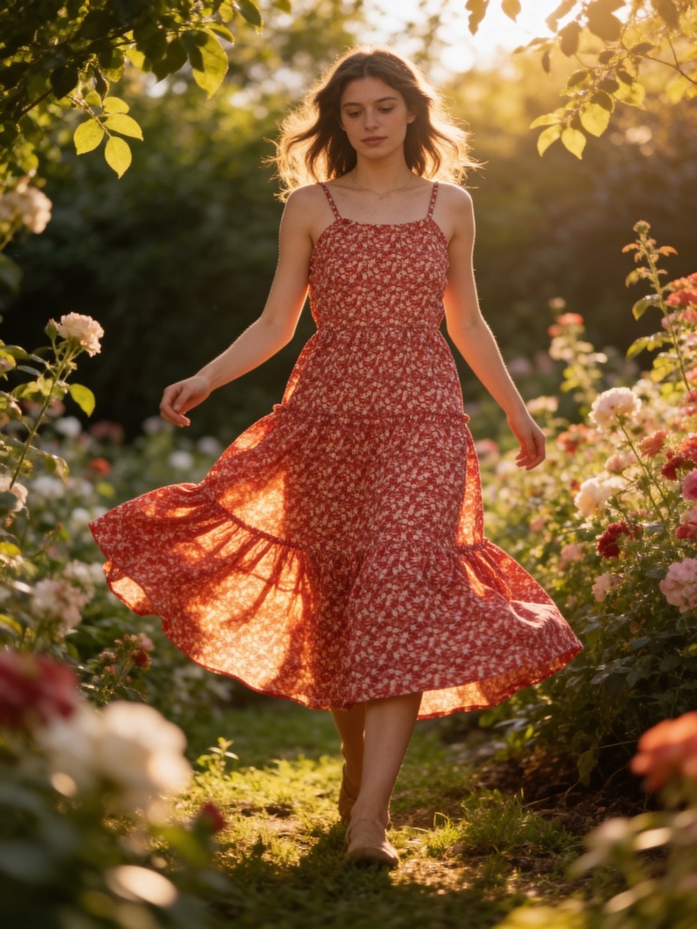 NWT Berydress Women’s  Red White Floral Print Tiered Spaghetti Straps sz L